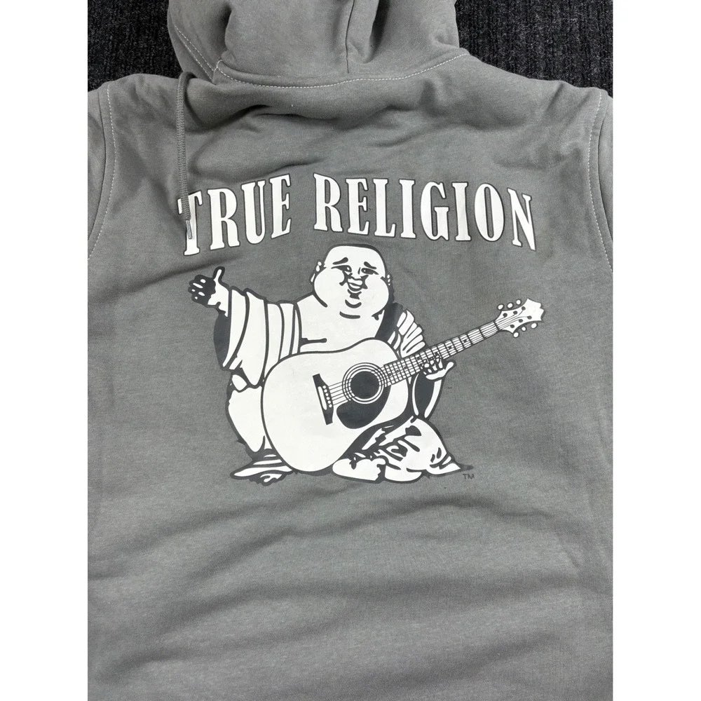True Religion Mens Sherpa Lined Hoodie Gray Buddha Guitar Graphic ZipUp Jacket M